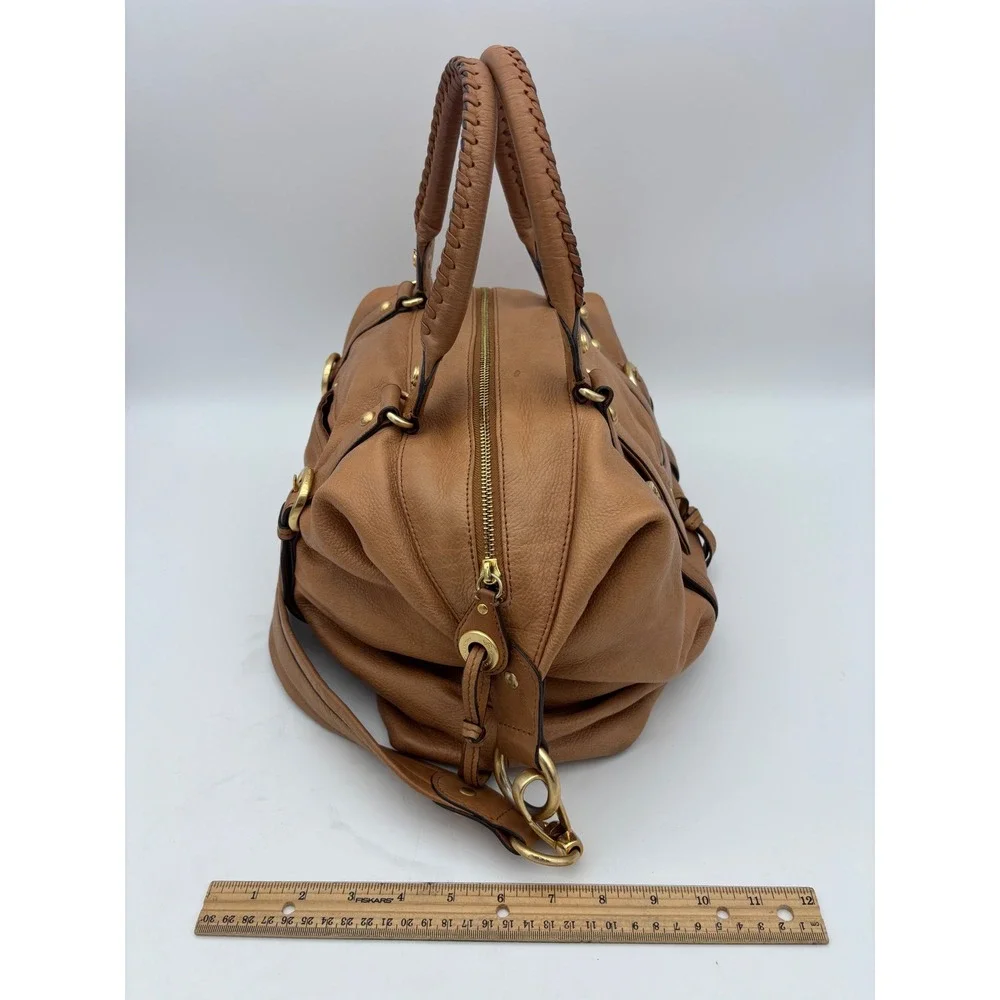 B MAKOWSKY Tan Leather Handbag Satchel Bag Double Handle Boho‎ Slouch Gold Camel